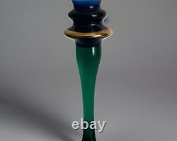 4 Pc European Bohemian Etched Crystal Champagne Flutes Cobalt Blue, Green Stems