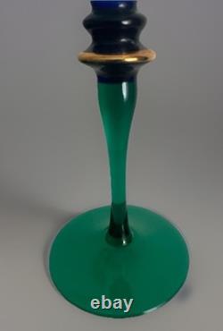 4 Pc European Bohemian Etched Crystal Champagne Flutes Cobalt Blue, Green Stems