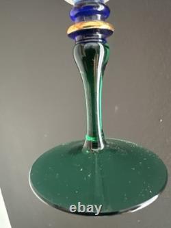 4 Pc European Bohemian Etched Crystal Champagne Flutes Cobalt Blue, Green Stems