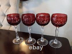 4 RARE VTG 7 5/8 BEYER West Germany Cut to Clear Crystal Hock Wine Glass MINT