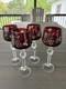 4 Ruby Red Cut To Clear Crystal Hortensia Wine Hock Glasses Poland 8.5 H