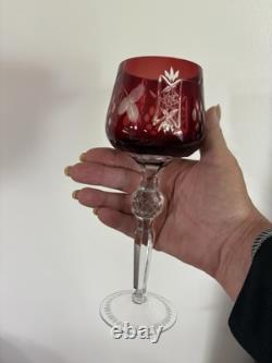 4 Ruby Red Cut To Clear Crystal Hortensia Wine Hock Glasses Poland 8.5 H