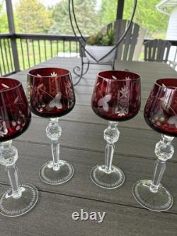 4 Ruby Red Cut To Clear Crystal Hortensia Wine Hock Glasses Poland 8.5 H