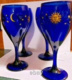 4 SUN and MOON Celestial Cobalt Blue Vintage Libbey Glass Wine Glasses Magical