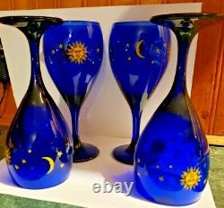 4 SUN and MOON Celestial Cobalt Blue Vintage Libbey Glass Wine Glasses Magical