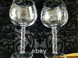 4 Vintage 24 Ounce! Etched Bamboo Balloon Tall Wine Glasses W Clear Bamboo Stems