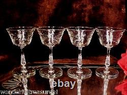 4 Vintage 4oz CUT CRYSTAL Wine CORDIAL Glasses FLOWERS & LEAVES Half TWIST Stems