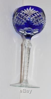 4 Vintage AJKA Bohemian Fan Cobalt Blue Cased Cut to Clear Wine Goblets-8.5H