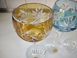 4 Vintage Bohemian Harlequin Coloured Cut Lead Crystal Wine Glass 19.5 cm