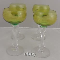 4 Vintage Cristallerie St. Louis Green Kuppa Etched Wine Glasses 6.5 Tall