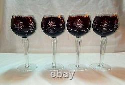 4 Vintage Crystal Bohemian Ruby Cranberry Cut to Clear Long Stem Glasses MATCH