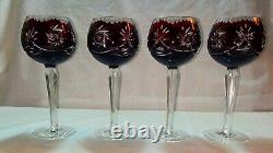 4 Vintage Crystal Bohemian Ruby Cranberry Cut to Clear Long Stem Glasses MATCH