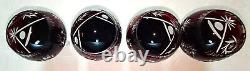 4 Vintage Crystal Bohemian Ruby Cranberry Cut to Clear Long Stem Glasses MATCH