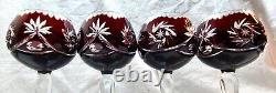 4 Vintage Crystal Bohemian Ruby Cranberry Cut to Clear Long Stem Glasses MATCH