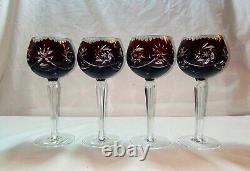 4 Vintage Crystal Bohemian Ruby Cranberry Cut to Clear Long Stem Glasses MATCH