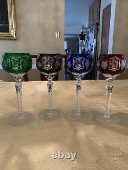 4 Vintage Crystal Cut to Clear Bohemian Tall Wine Hock Glasses