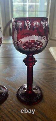 4 Vintage Egermann Czech Ruby Cut to Clear Glass Wine Glasses 7 3/4 tall