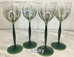 4 Vintage Enameled Theresienthal Moser Style Cactus Stemware Wine Glasses