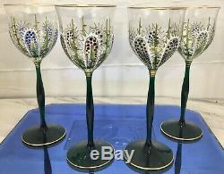 4 Vintage Enameled Theresienthal Moser Style Cactus Stemware Wine Glasses