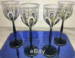 4 Vintage Enameled Theresienthal Moser Style Cactus Stemware Wine Glasses