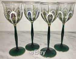 4 Vintage Enameled Theresienthal Moser Style Cactus Stemware Wine Glasses