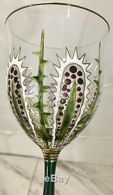 4 Vintage Enameled Theresienthal Moser Style Cactus Stemware Wine Glasses