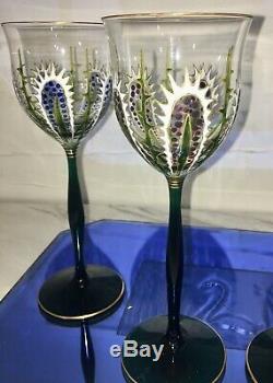 4 Vintage Enameled Theresienthal Moser Style Cactus Stemware Wine Glasses