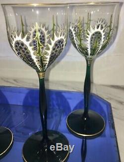 4 Vintage Enameled Theresienthal Moser Style Cactus Stemware Wine Glasses