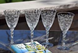 4 Vintage Etched CRYSTAL Wine glasses Water Goblets, Fostoria, Chintz