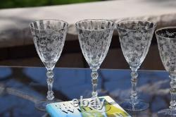 4 Vintage Etched CRYSTAL Wine glasses Water Goblets, Fostoria, Chintz