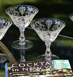 4 Vintage Etched Cocktail Martini Glasses, Cambridge, Rose Point, circa 1934