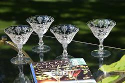 4 Vintage Etched Cocktail Martini Glasses, Cambridge, Rose Point, circa 1934