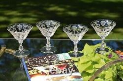 4 Vintage Etched Cocktail Martini Glasses, Cambridge, Rose Point, circa 1934