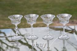 4 Vintage Etched Cocktail Martini Glasses, Cambridge, Rose Point, circa 1934