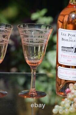 4 Vintage Etched Pink Glass Wine Glasses, 1950's, Rose Wine Glasses