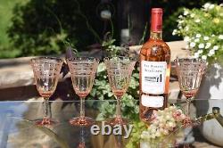 4 Vintage Etched Pink Glass Wine Glasses, 1950's, Rose Wine Glasses