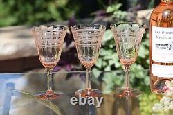 4 Vintage Etched Pink Glass Wine Glasses, 1950's, Rose Wine Glasses