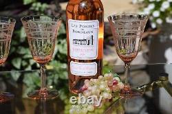 4 Vintage Etched Pink Glass Wine Glasses, 1950's, Rose Wine Glasses