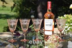 4 Vintage Etched Pink Glass Wine Glasses, 1950's, Rose Wine Glasses