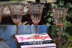 4 Vintage Etched Pink Glass Wine Glasses, 1950's, Rose Wine Glasses