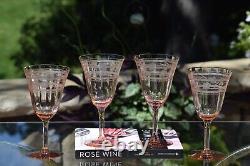 4 Vintage Etched Pink Glass Wine Glasses, 1950's, Rose Wine Glasses