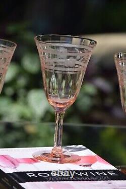 4 Vintage Etched Pink Glass Wine Glasses, 1950's, Rose Wine Glasses
