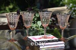 4 Vintage Etched Pink Glass Wine Glasses, 1950's, Rose Wine Glasses