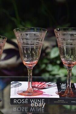 4 Vintage Etched Pink Glass Wine Glasses, 1950's, Rose Wine Glasses