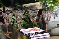 4 Vintage Etched Pink Glass Wine Glasses, 1950's, Rose Wine Glasses