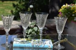 4 Vintage Etched Tall Wine Glasses Water Goblets, 1950's