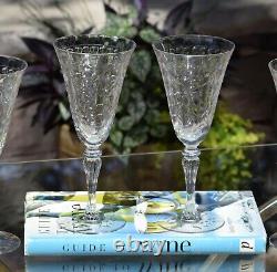 4 Vintage Etched Tall Wine Glasses Water Goblets, 1950's