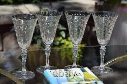 4 Vintage Etched Tall Wine Glasses Water Goblets, 1950's