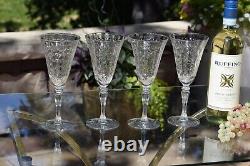 4 Vintage Etched Tall Wine Glasses Water Goblets, 1950's