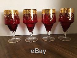 4 Vintage Hand Blown Bohemian Murano Italian Red Goblet Wine Glasses with Gold